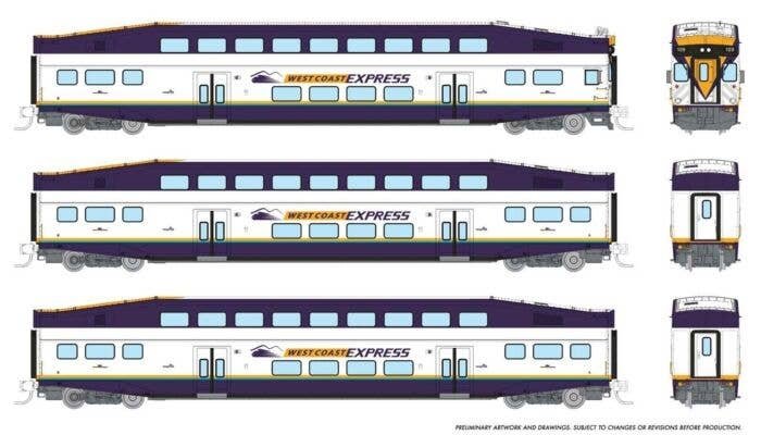 Bilevel Commuter Cab Car & 2 Coach Set - Ready to Run -- West Coast Express Set 2 109, 301, 305 (white, blue, yellow), N, Rapido