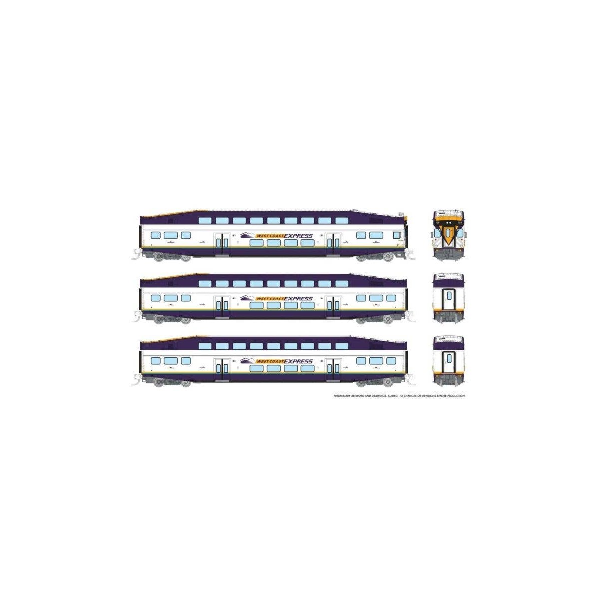 Bilevel Commuter Cab Car & 2 Coach Set - Ready to Run -- West Coast Express Set 1 108, 304, 308 (white, blue, yellow), N, Rapido