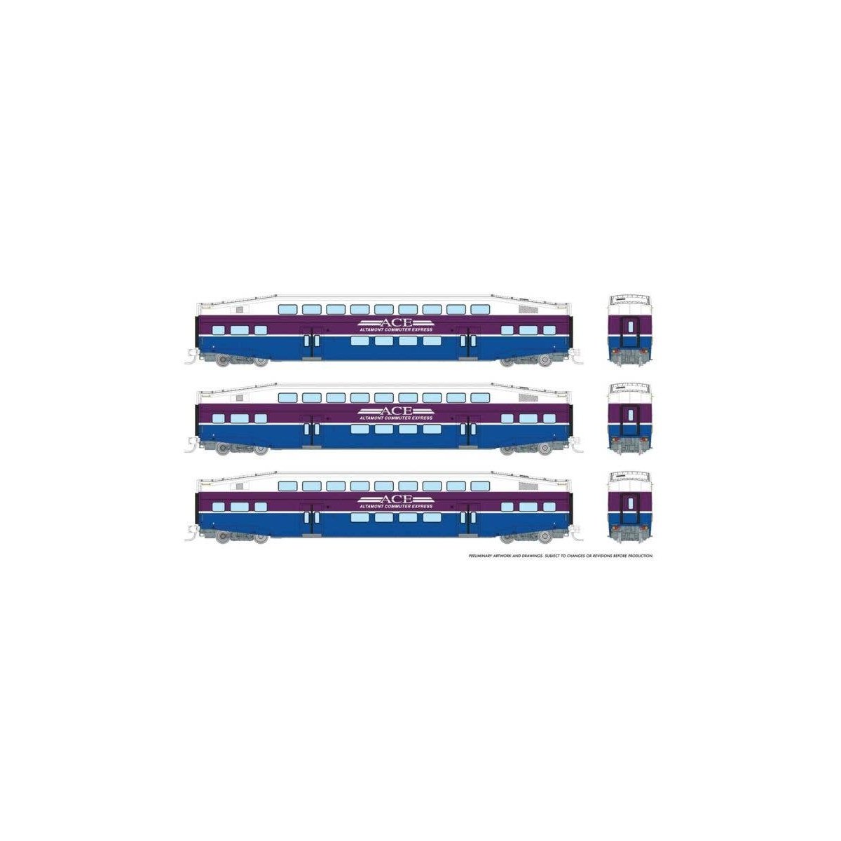 Bilevel Commuter Coach 3-Pack - Ready to Run -- Altamont Commuter Express 3214, 3218, 3221 (white, purple, blue), N, Rapido Trai