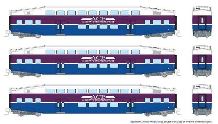 Bilevel Commuter Coach 3-Pack - Ready to Run -- Altamont Commuter Express 3214, 3218, 3221 (white, purple, blue), N, Rapido Trai