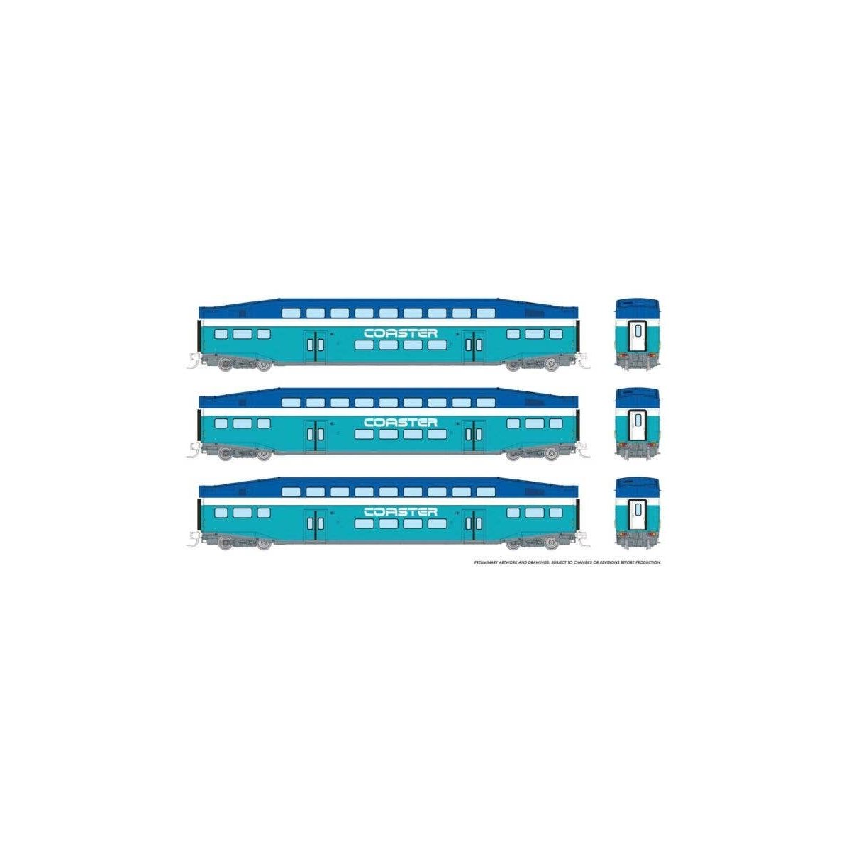 Bilevel Commuter Coach 3-Pack - Ready to Run -- Coaster Set 2401, 2403, 2406 (Early Scheme, blue, teal, white), N, Rapido Trains