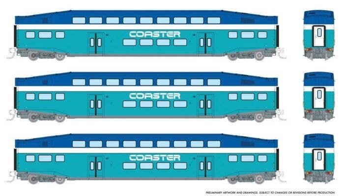 Bilevel Commuter Coach 3-Pack - Ready to Run -- Coaster Set 2401, 2403, 2406 (Early Scheme, blue, teal, white), N, Rapido Trains