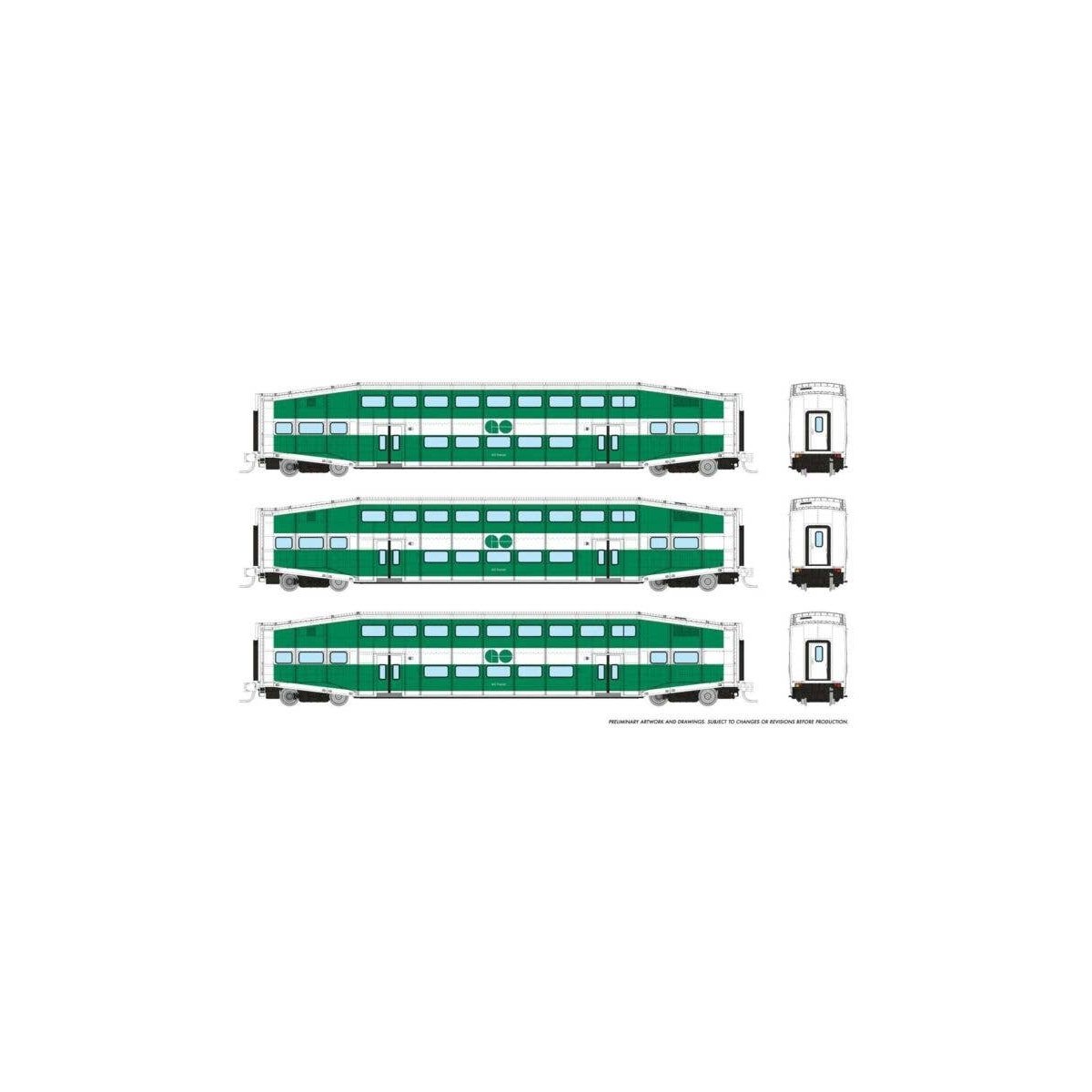 Bilevel Commuter Coach 3-Pack - Ready to Run -- GO Transit 2310, 2325, 2341 (green, white), N, Rapido Trains Inc 546015