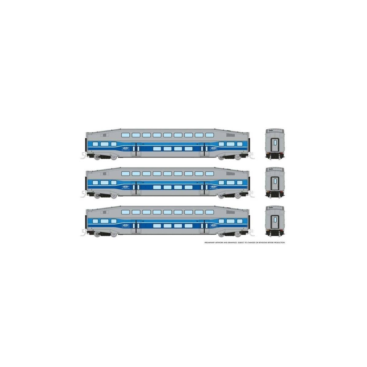 Bilevel Commuter Coach 3-Pack - Ready to Run -- AMT Montreal 2020, 2028, 2033 (blue, gray), N, Rapido Trains Inc 546006