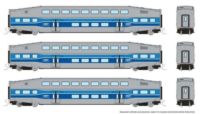 Bilevel Commuter Coach 3-Pack - Ready to Run -- AMT Montreal 2020, 2028, 2033 (blue, gray), N, Rapido Trains Inc 546006
