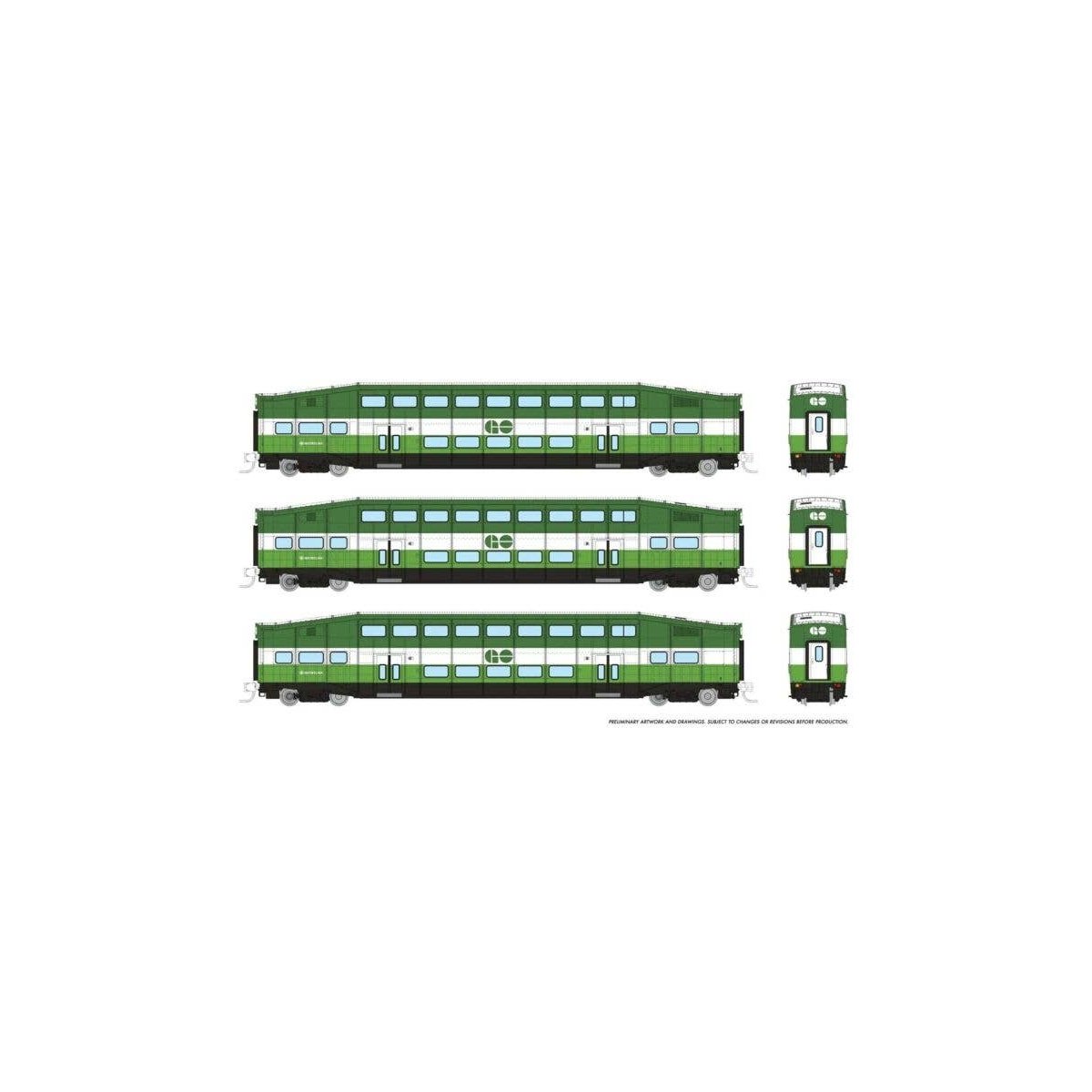 Bilevel Commuter Coach 3-Pack - Ready to Run -- GO/Metrolinx 2002, 2065, 2079 (green, white), N, Rapido Trains Inc 546018