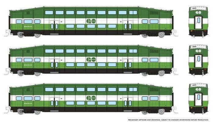 Bilevel Commuter Coach 3-Pack - Ready to Run -- GO/Metrolinx 2002, 2065, 2079 (green, white), N, Rapido Trains Inc 546018