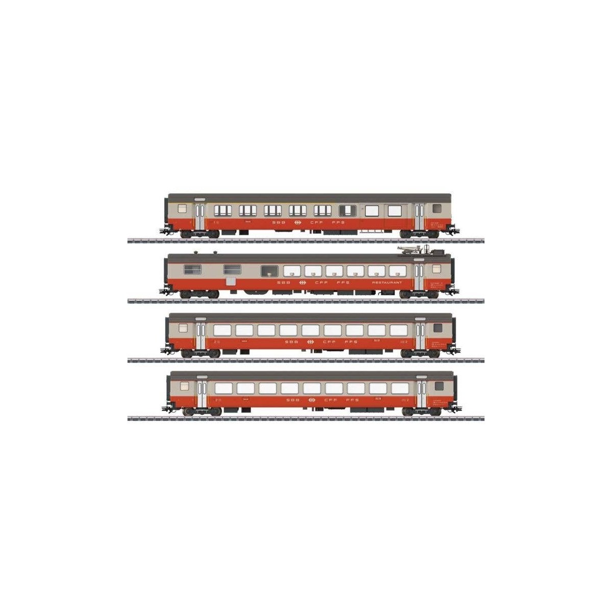 Type AD Combine, Type WR Diner, 2 Type B Coaches - 3-Rail - Ready to Run -- Swiss Federal Railways SBB/CFF/FFS (Era IV 1975, Swi