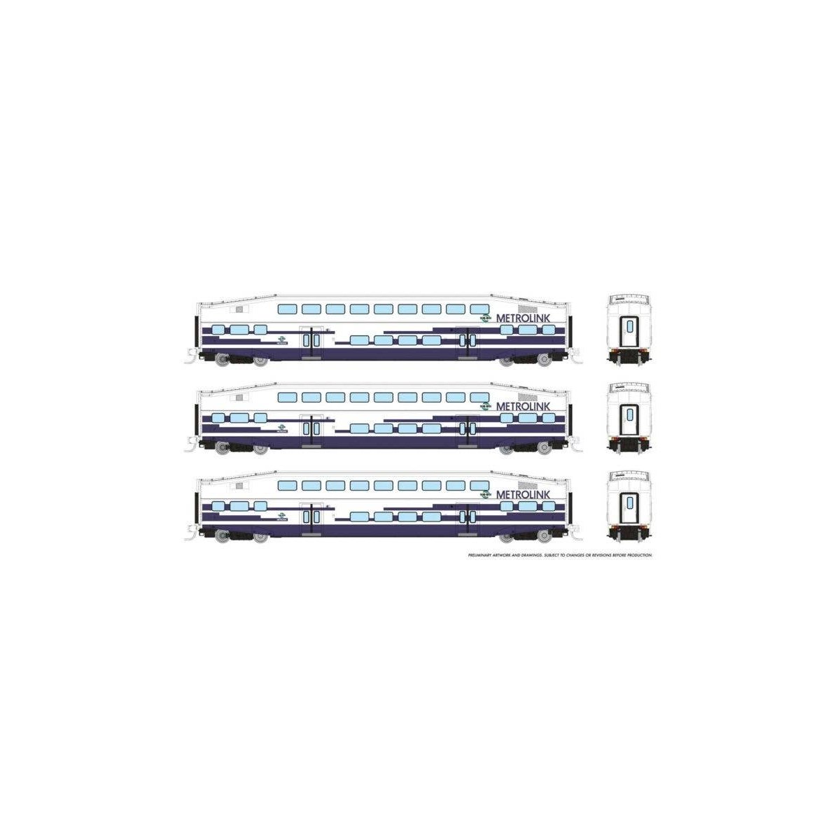 Bilevel Commuter Coach 3-Pack - Ready to Run -- Metrolink 183, 195, 208 (As Delivered, white, blue), N, Rapido Trains Inc 546021