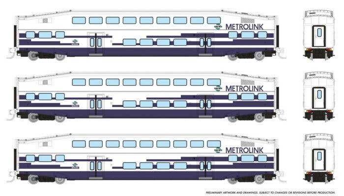 Bilevel Commuter Coach 3-Pack - Ready to Run -- Metrolink 183, 195, 208 (As Delivered, white, blue), N, Rapido Trains Inc 546021