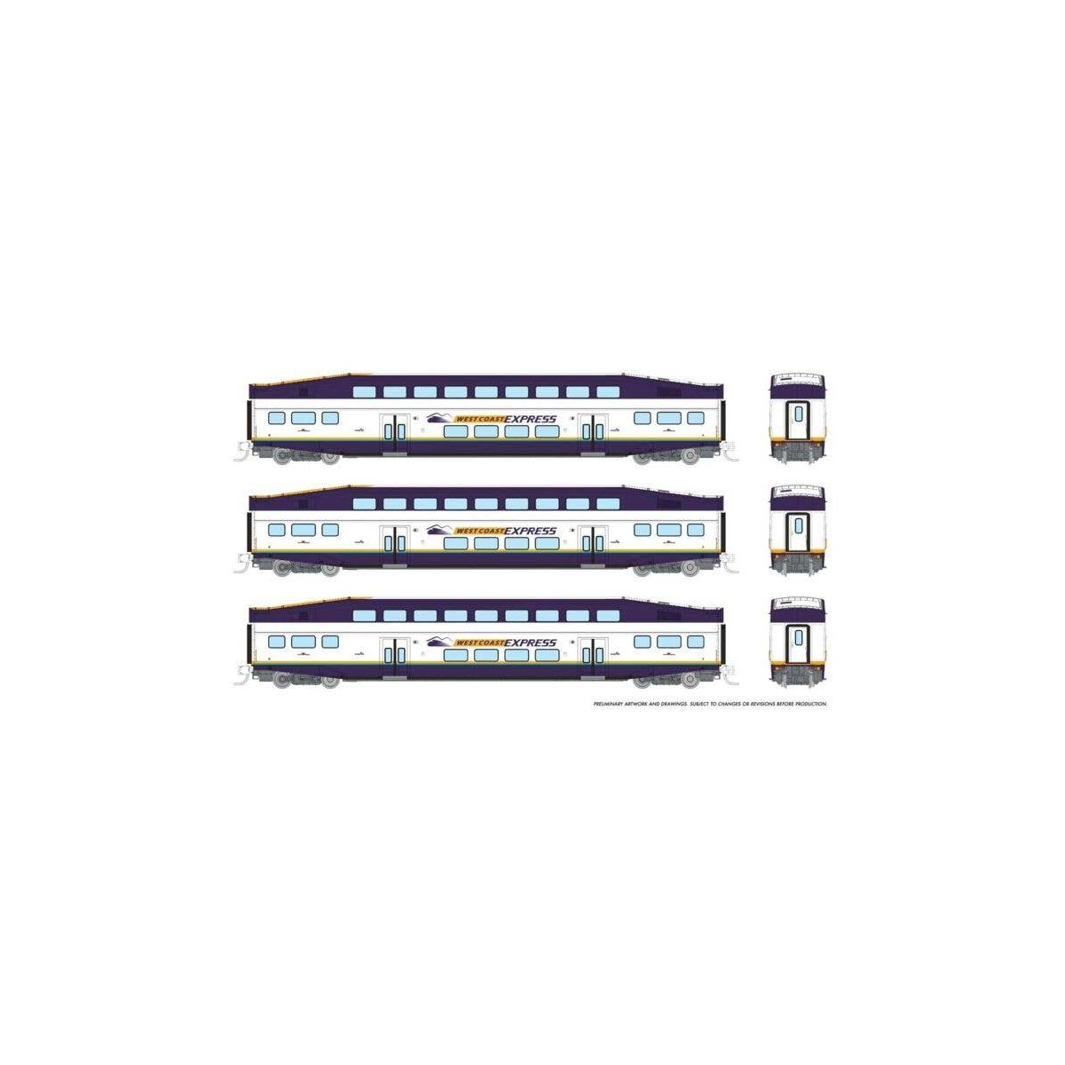 Bilevel Commuter Coach 3-Pack - Ready to Run -- West Coast Express 302, 303, 307 (white, blue, yellow), N, Rapido Trains Inc 546