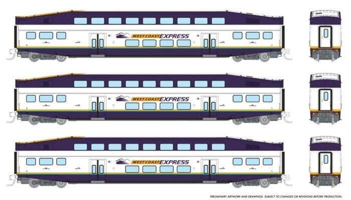 Bilevel Commuter Coach 3-Pack - Ready to Run -- West Coast Express 302, 303, 307 (white, blue, yellow), N, Rapido Trains Inc 546
