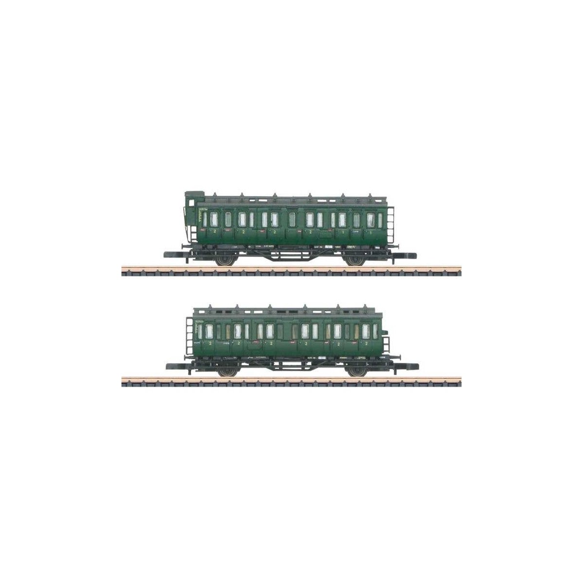 Compartment Car 2-Pack - Ready to Run -- German Federal Railroad DB (Era III 1958, green, gray), Z, Marklin, Inc 87042