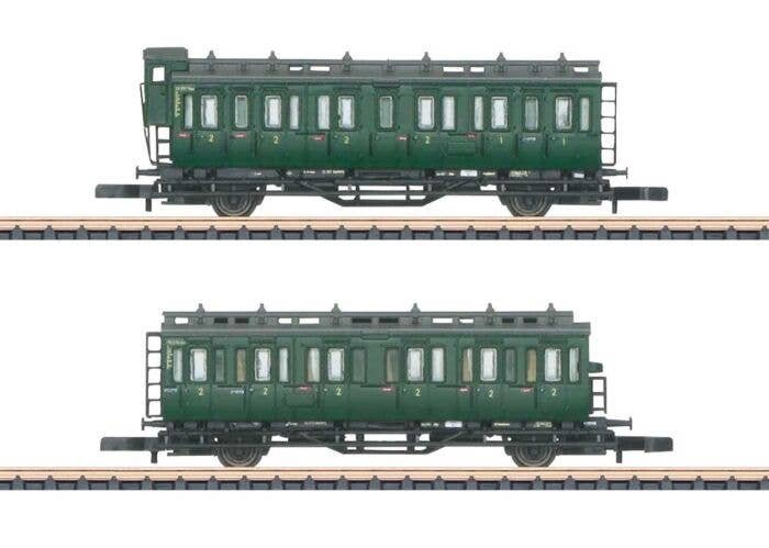 Compartment Car 2-Pack - Ready to Run -- German Federal Railroad DB (Era III 1958, green, gray), Z, Marklin, Inc 87042
