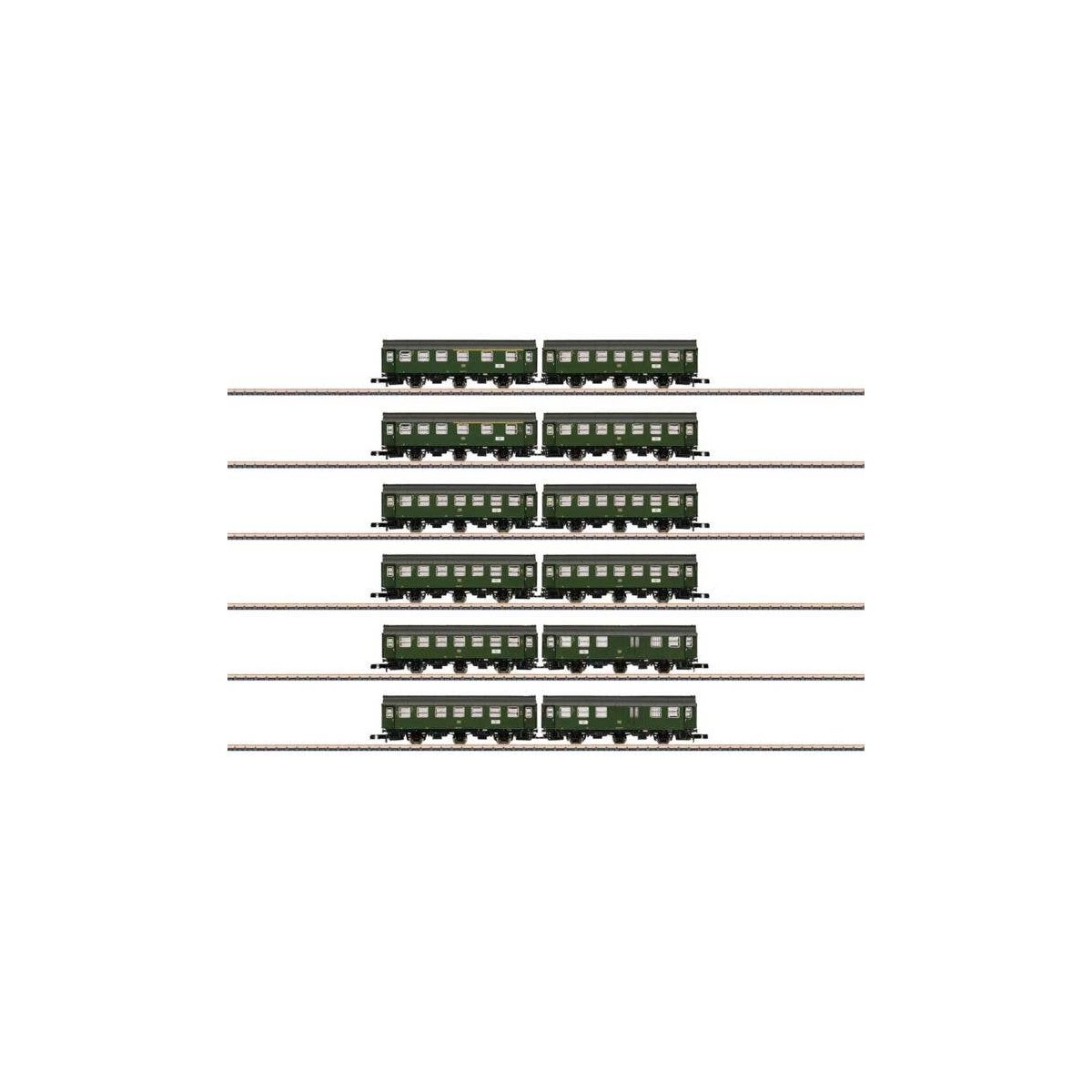 Rebuild Car 6-Pair Set - Ready to Run -- German Federal Railroad DB (Era IV, green, gray), Z, Marklin, Inc 87061
