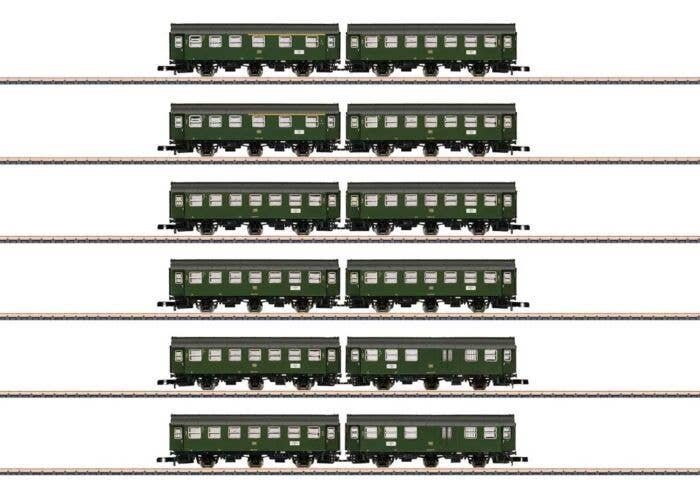 Rebuild Car 6-Pair Set - Ready to Run -- German Federal Railroad DB (Era IV, green, gray), Z, Marklin, Inc 87061