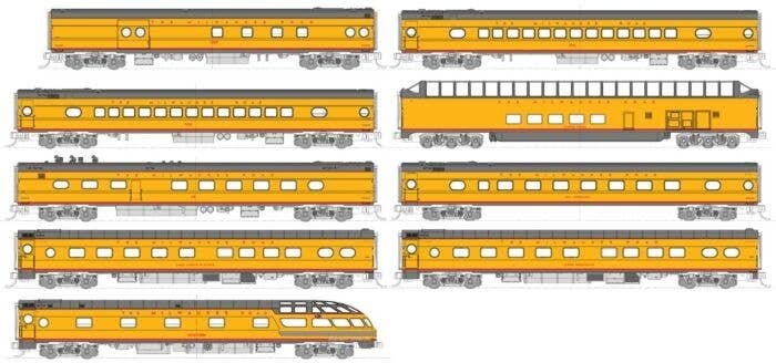 Olympian Hiawatha 9-Car Passenger Set - Post-1955 Lighted - Ready to Run -- Milwaukee Road (Armour Yellow, gray, red), N, Kato U