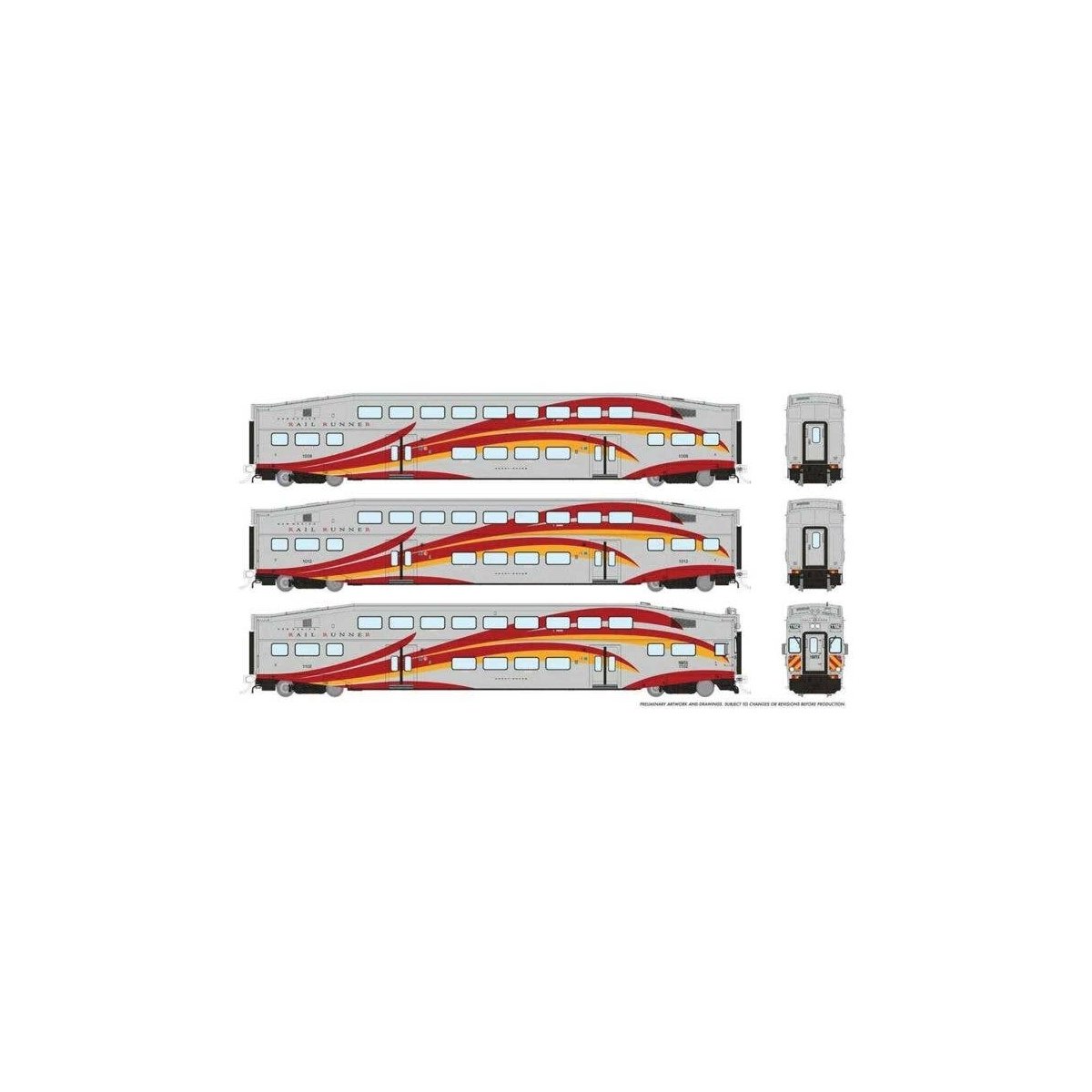 Bi-Level Commuter 2 Coach and Cab Car Set - Ready to Run -- New Mexico Rail Runner Set 1 1102, 1008, 1012 (white, red, yellow), 
