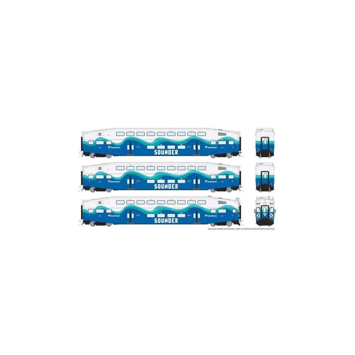 Bi-Level Commuter 2 Coach and Cab Car Set - Ready to Run -- Sounder Set 2 110, 209, 227 (teal, blue, white), HO, Rapido Trains I