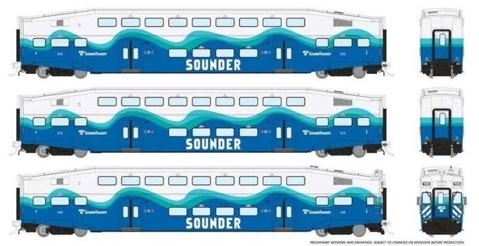 Bi-Level Commuter 2 Coach and Cab Car Set - Ready to Run -- Sounder Set 2 110, 209, 227 (teal, blue, white), HO, Rapido Trains I