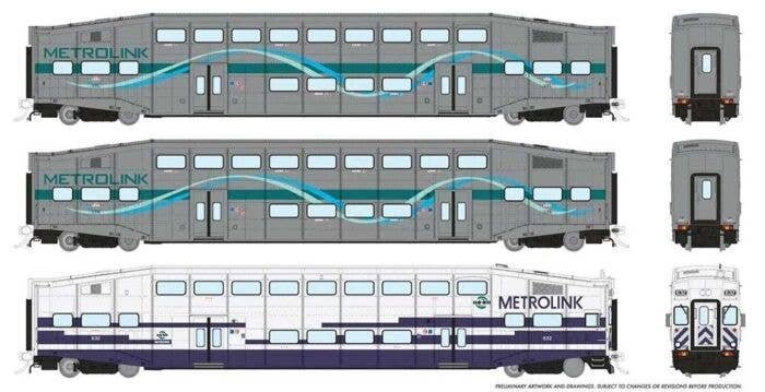 Bi-Level Commuter 2 Coach and Cab Car Set - Ready to Run -- Metrolink Set 1 632, 101, 136 (Coaches, gray, teal, Ribbon Scheme, w