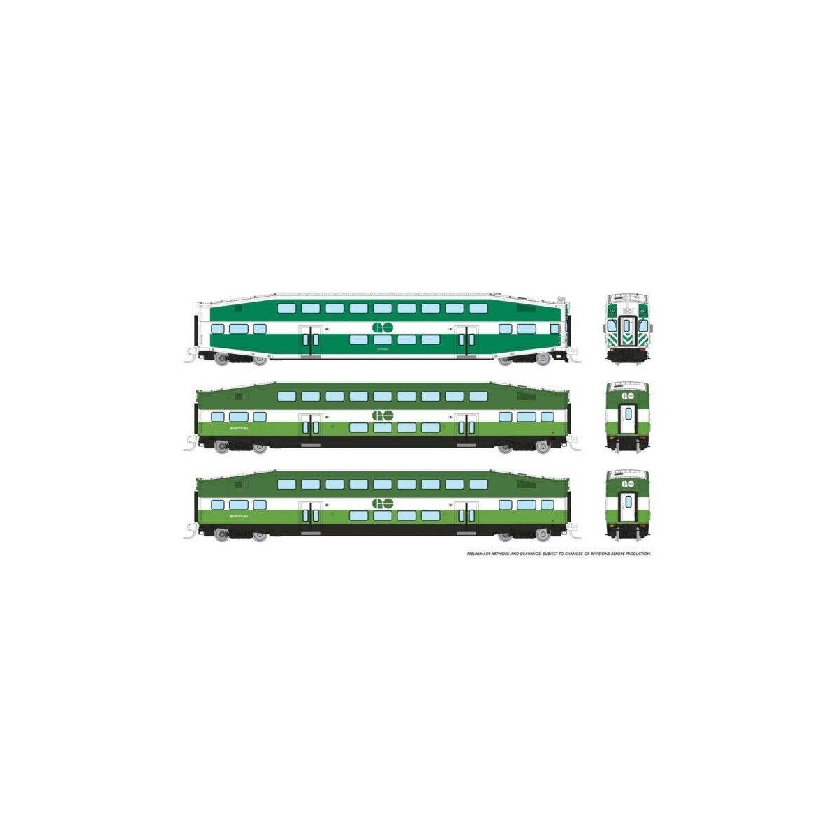 Bilevel Commuter Cab Car & 2 Coach Set - Ready to Run -- GO/Metrolinx Set 2 257, 2838, 2857 (green, white), N, Rapido Trains Inc