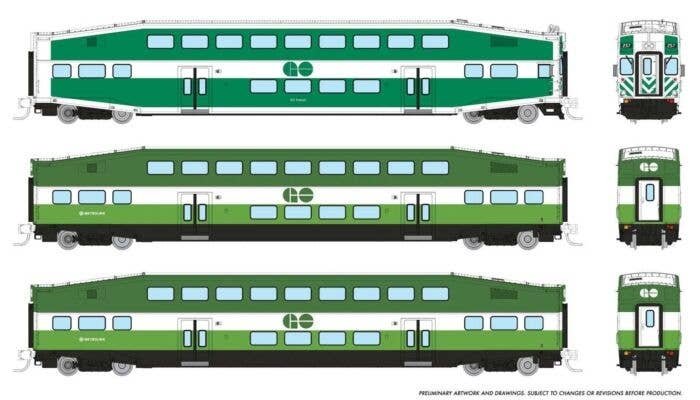 Bilevel Commuter Cab Car & 2 Coach Set - Ready to Run -- GO/Metrolinx Set 2 257, 2838, 2857 (green, white), N, Rapido Trains Inc