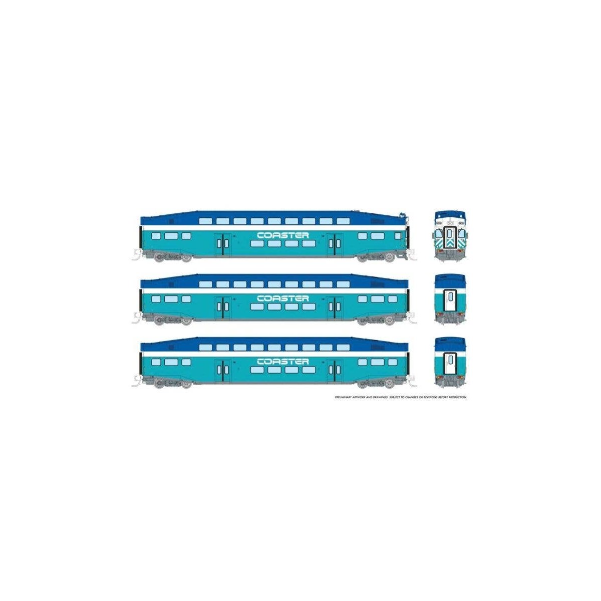 Bilevel Commuter Cab Car & 2 Coach Set - Ready to Run -- Coaster Set 1 2309, 2501, 2504 (Early Scheme, blue, teal, white), N, Ra