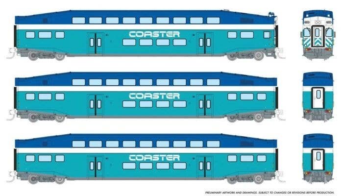 Bilevel Commuter Cab Car & 2 Coach Set - Ready to Run -- Coaster Set 1 2309, 2501, 2504 (Early Scheme, blue, teal, white), N, Ra