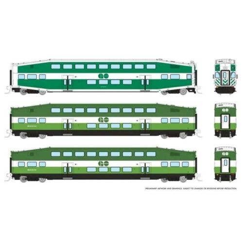 Bilevel Commuter Cab Car & 2 Coach Set - Ready to Run -- GO/Metrolinx Set 1 255, 2808, 2844 (green, white), N, Rapido Trains Inc