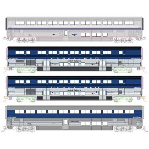 Pacific Surfliner Add-On Set - Interior Lights -- Amtrak 2 Surfliner & 2 Superliner Coaches (3 in blue, silver, 1 Amtrak Ph 4, N