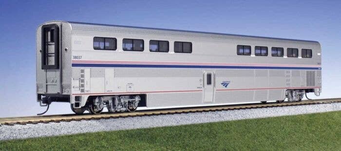 Superliner I Diner, Lighted - Ready to Run -- Amtrak 38028 (Phase VI silver, blue, red), HO, Kato USA Inc 3560741