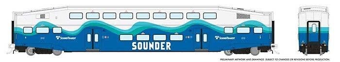 Bi-Level Commuter Coach - Ready to Run -- Sounder DXRX (No Number teal, blue, white), HO, Rapido Trains Inc 146053