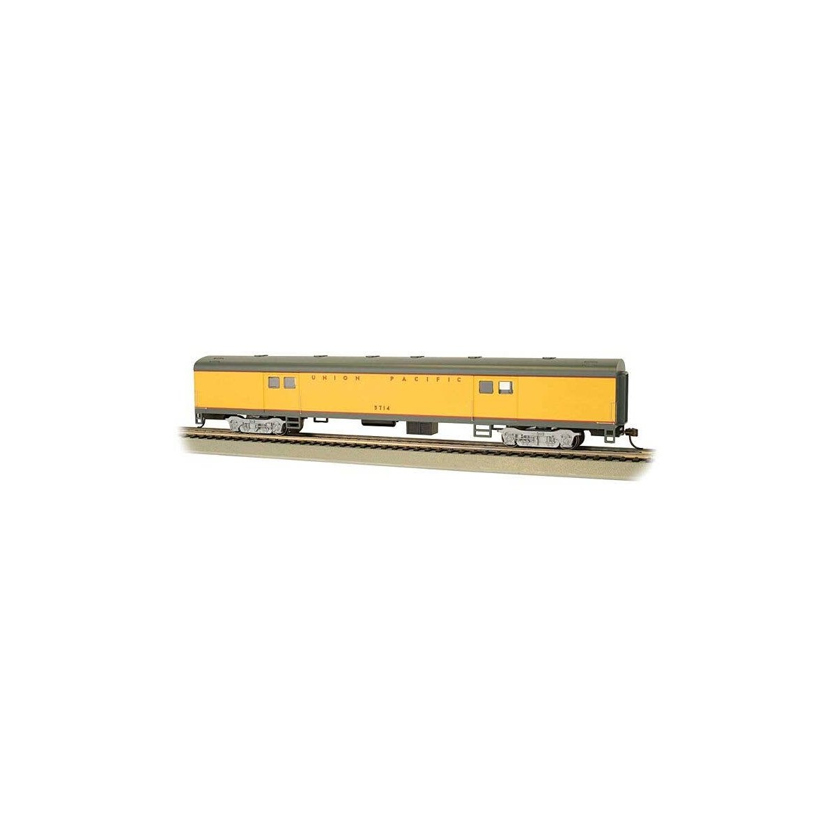 72′ Smooth-Side Baggage - Ready to Run -- Union Pacific 5714 (Armour Yellow, gray, red), HO, Bachmann Industries 14403