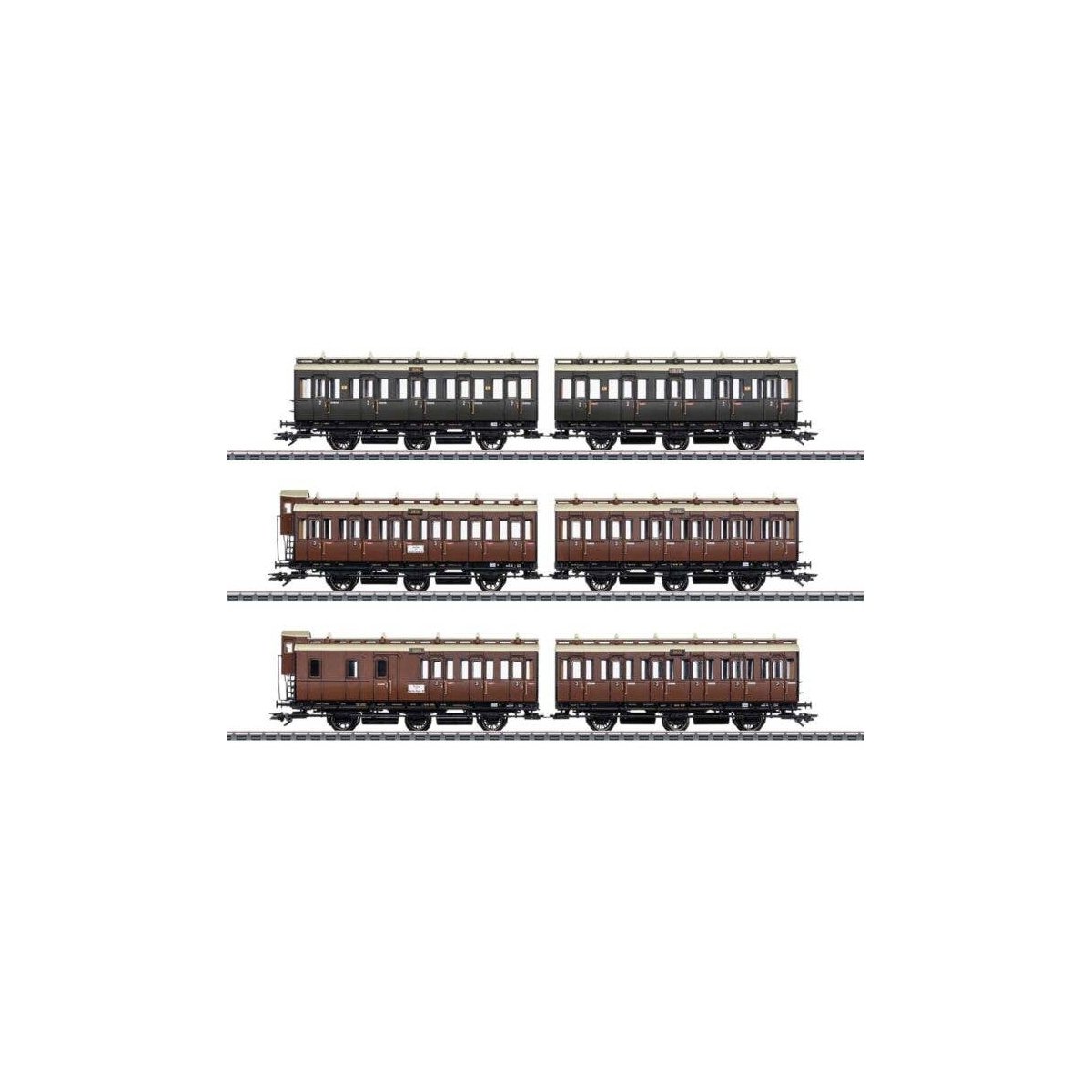 Paired Compartment Car Set - 3-Rail - Ready to Run -- Royal Prussian Railroad KPEV (Era 1, 3 Schemes), HO, Marklin, Inc 42047