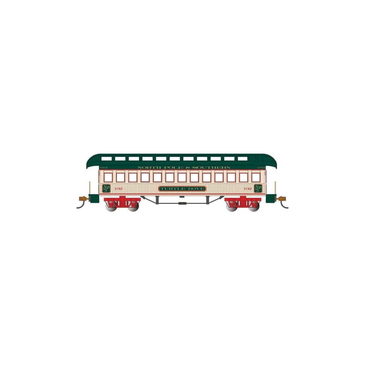 Old-Time Wood Coach with Round-End Clerestory Roof - Ready to Run -- North Pole & Southern Partridge (Christmas, cream, green, r