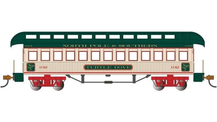 Old-Time Wood Coach with Round-End Clerestory Roof - Ready to Run -- North Pole & Southern Partridge (Christmas, cream, green, r