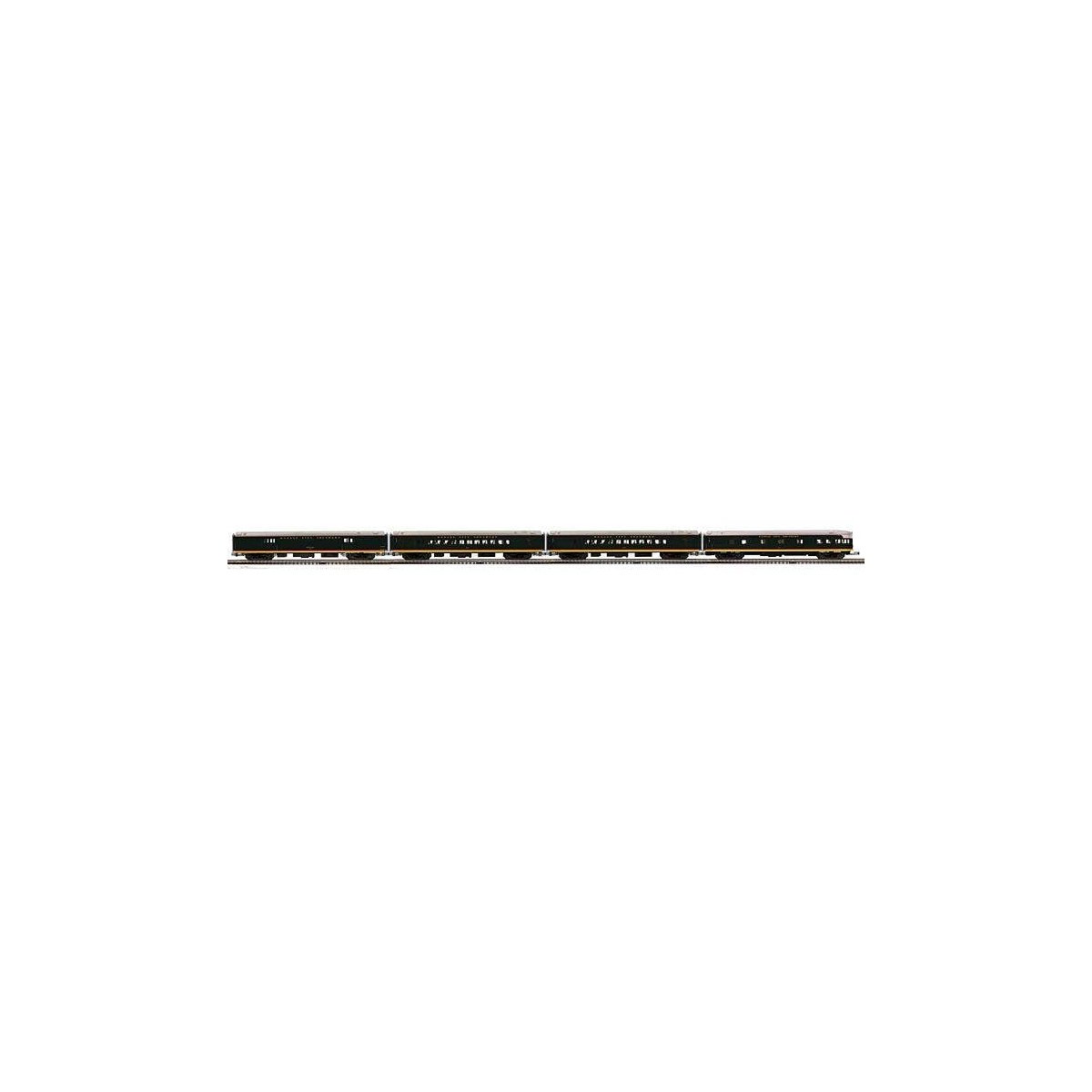 70′ Baggage, 2 Coaches, Observation Set - 3-Rail - Premier -- Kansas City Southern 20, 273, 277, 40 (black, red, yellow, silve