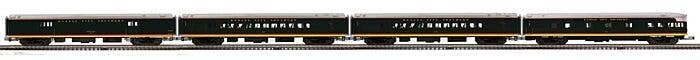 70′ Baggage, 2 Coaches, Observation Set - 3-Rail - Premier -- Kansas City Southern 20, 273, 277, 40 (black, red, yellow, silve