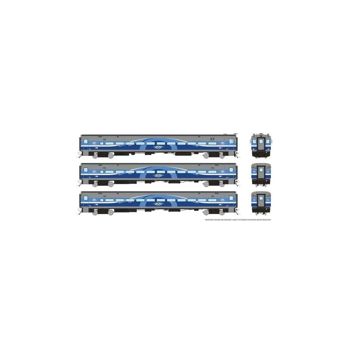 P-S Comet Commuter 2 Coach and Cab Car Set - Ready to Run -- Montreal AMT Set 1 (Cab 702 Coaches 722, 730 Late silver, blue), HO