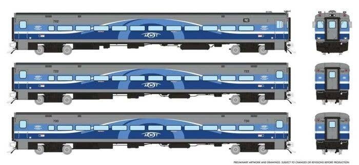 P-S Comet Commuter 2 Coach and Cab Car Set - Ready to Run -- Montreal AMT Set 1 (Cab 702 Coaches 722, 730 Late silver, blue), HO