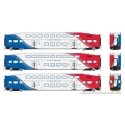 Bi-Level Commuter 2 Coach and Cab Car Set - Ready to Run -- FrontRunner UTA Set 2 109, 201, 208 (white, red, blue), HO, Rapido T