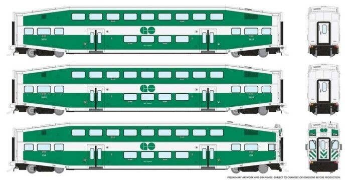 Bi-Level Commuter 2 Coach and Cab Car Set - Ready to Run -- Go Transit Set 1 254, 2619, 2653 (Late, green, white), HO, Rapido Tr