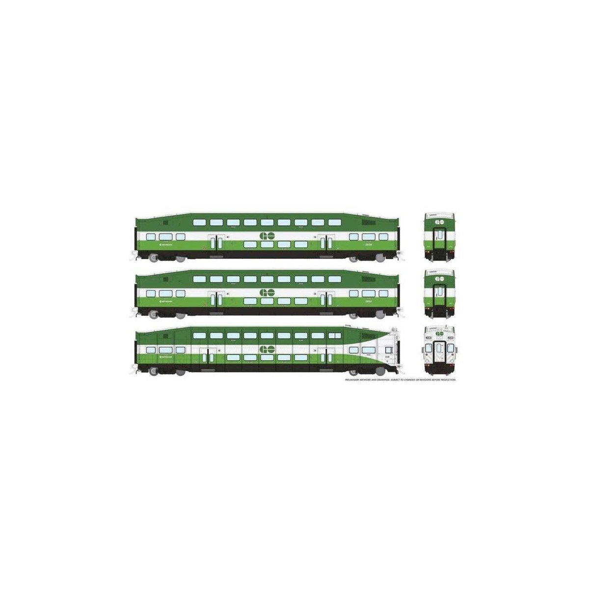 Bi-Level Commuter 2 Coach and Cab Car Set - Ready to Run -- Go Transit/Metrolinx Set 1 208, 2838, 2850 (green, white), HO, Rapid
