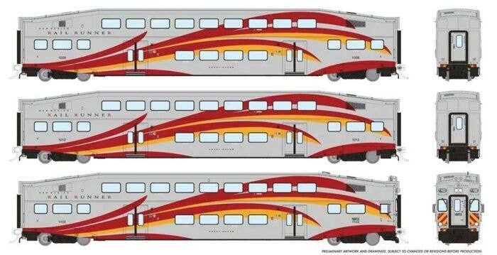 Bi-Level Commuter 2 Coach and Cab Car Set - Ready to Run -- New Mexico Rail Runner Set 2 1105, 1002, 1009 (white, red, yellow), 