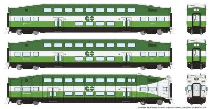 Bi-Level Commuter 2 Coach and Cab Car Set - Ready to Run -- Go Transit/Metrolinx Set 2 212, 2846, 2857 (green, white), HO, Rapid