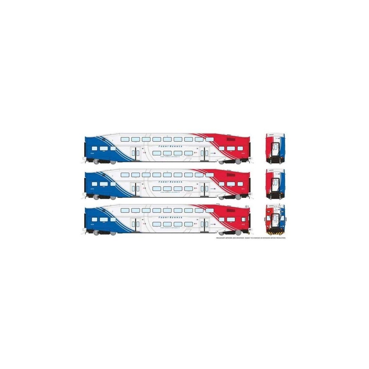 Bi-Level Commuter 2 Coach and Cab Car Set - Ready to Run -- FrontRunner UTA Set 1 102, 204, 207 (white, red, blue), HO, Rapido T