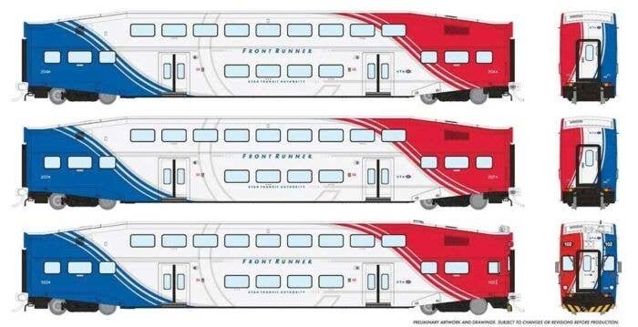 Bi-Level Commuter 2 Coach and Cab Car Set - Ready to Run -- FrontRunner UTA Set 1 102, 204, 207 (white, red, blue), HO, Rapido T