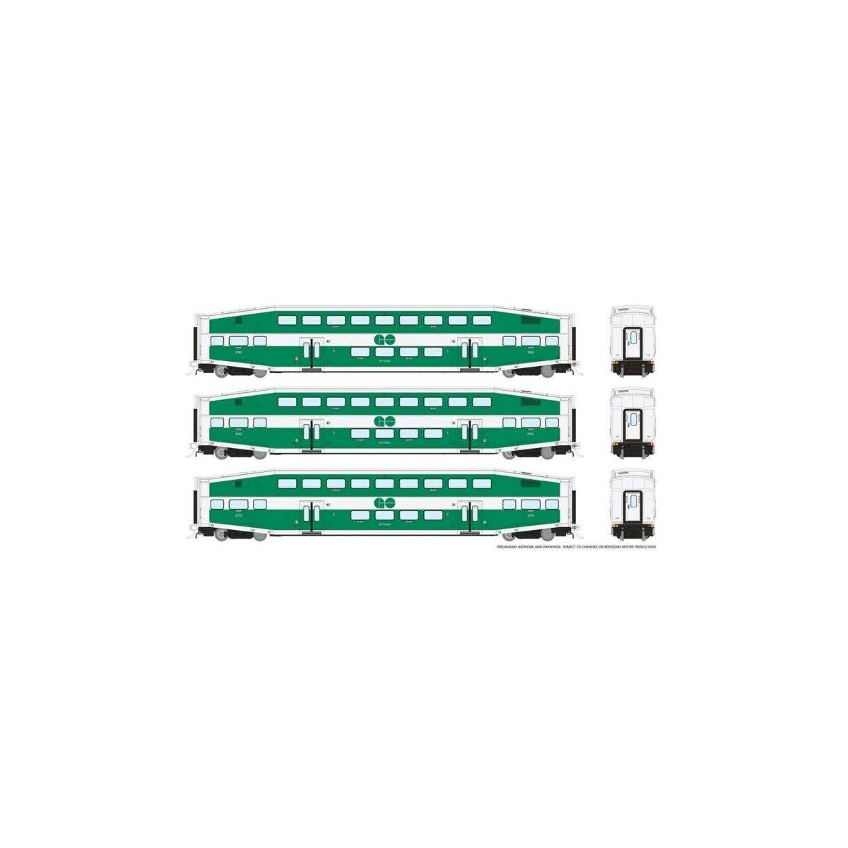 Bi-Level Commuter 3-Coach Set - Ready to Run -- Go Transit Set 3 2740, 2763, 2779 (Late, green, white), HO, Rapido Trains Inc 14