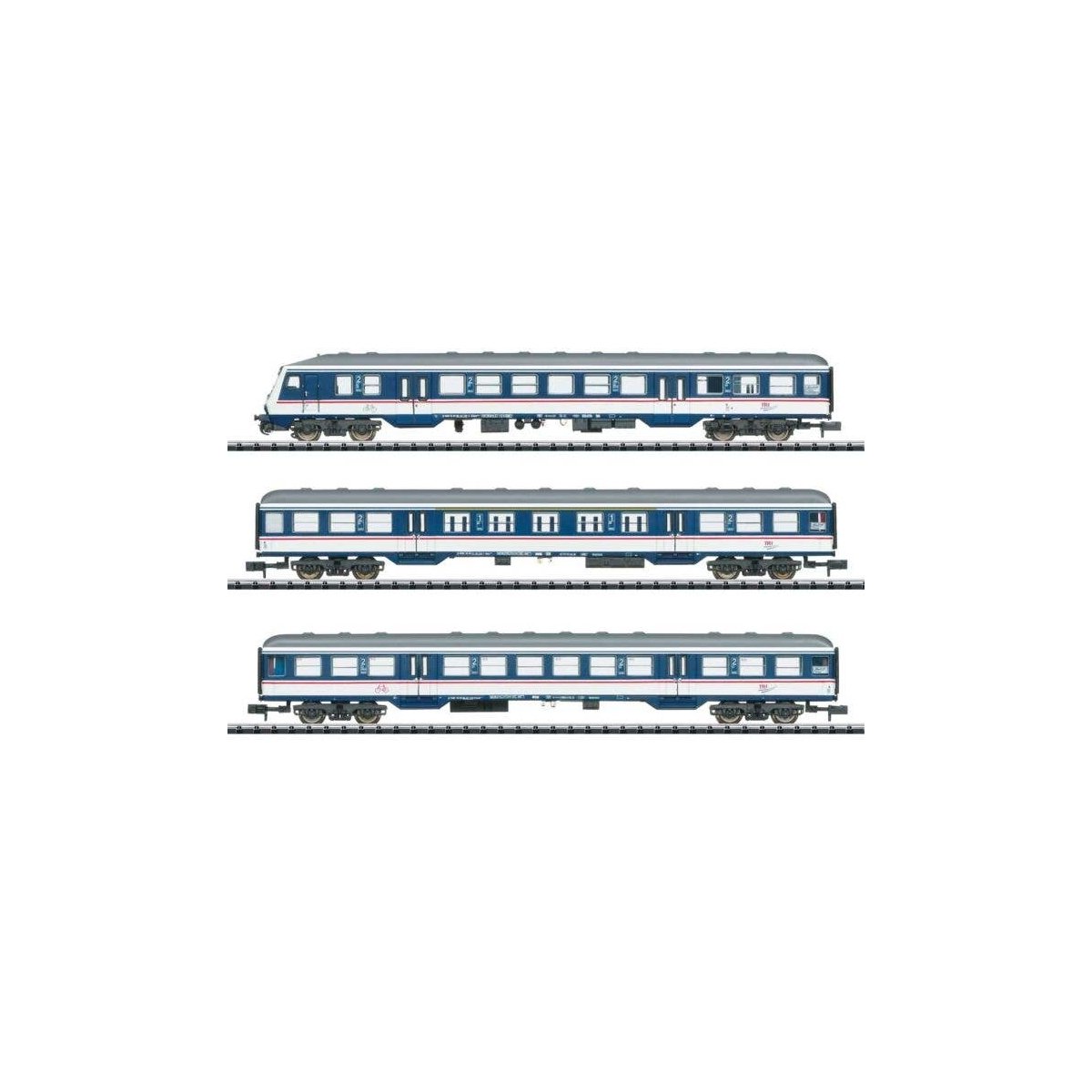 Replacement Train Commuter Cab Car & Coach 3-Car Set - Ready to Run - Minitrix -- Train Rental, Inc. TRI (Era VI 2021, blue, whi